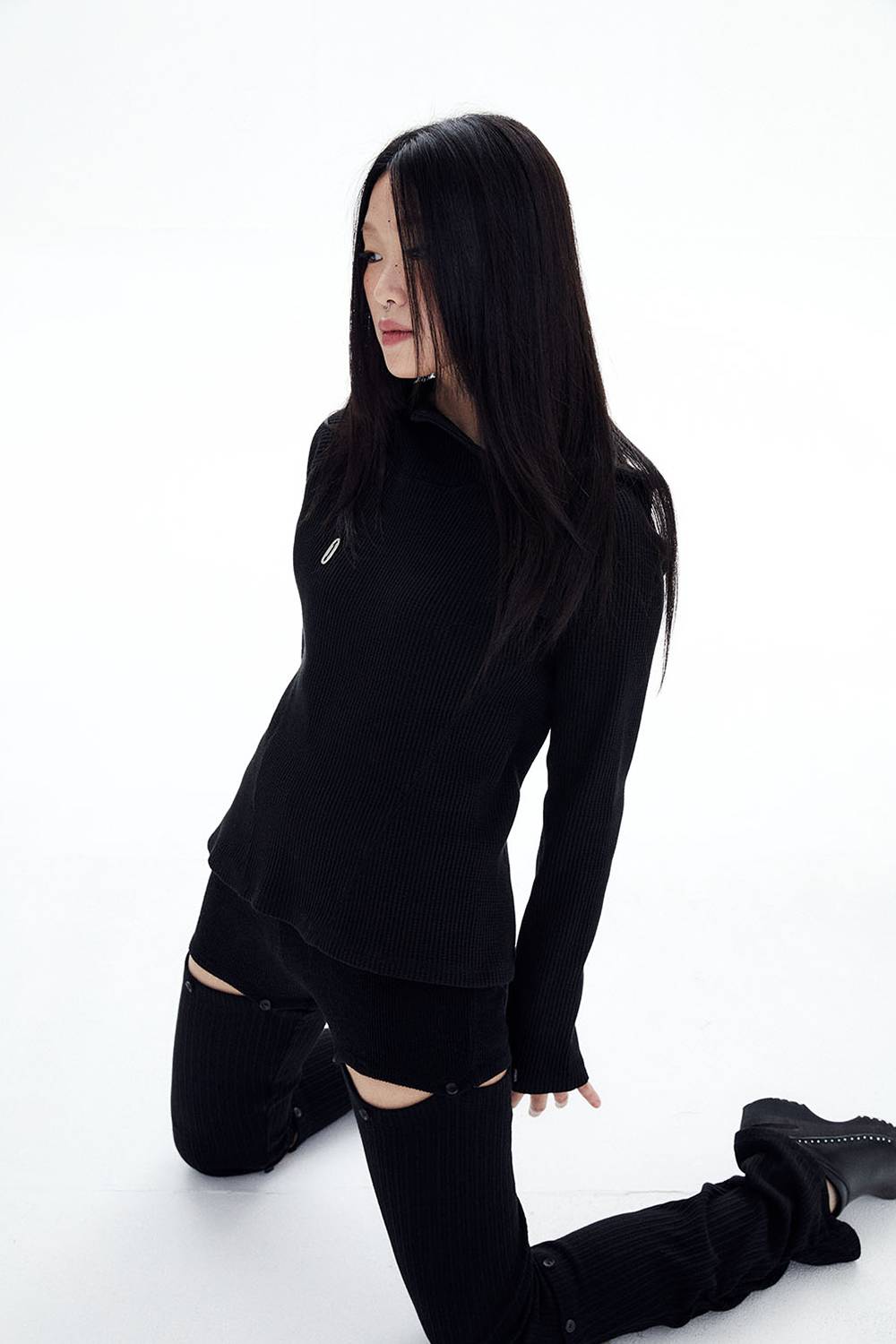 SLIM WAFFLE HOODIE / BLACK