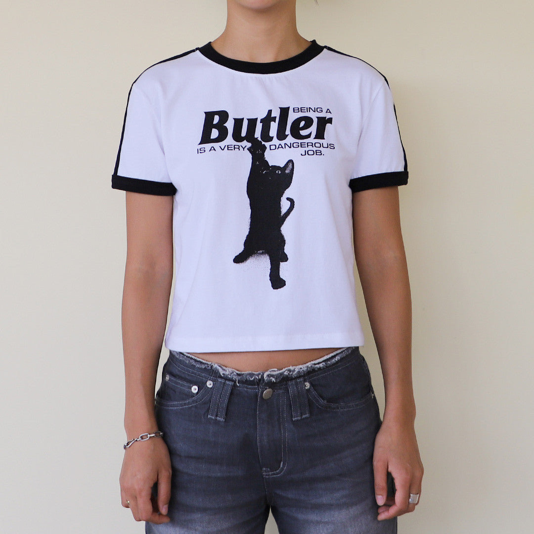 CAT BUTLER CROP T-SHIRT (WHITE) - KRUCHI 크루치 - CAVA LIFE