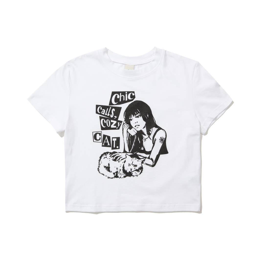 COZY CAT CROP T-SHIRT (WHITE) - KRUCHI 크루치 - CAVA LIFE