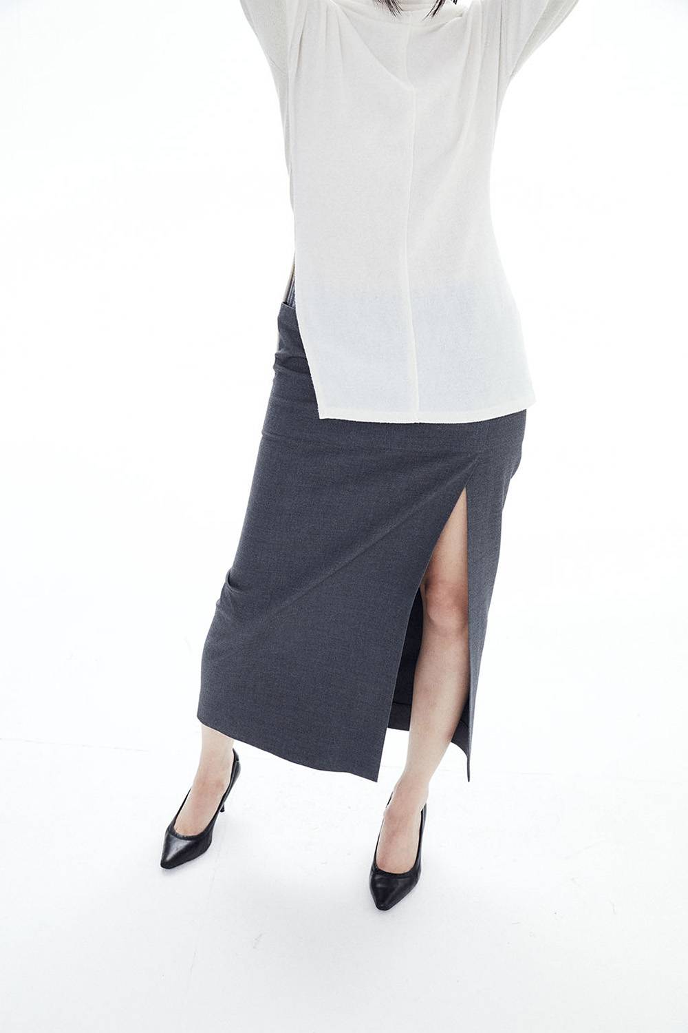 WOOL POCKETS LONG SKIRT / GRAY