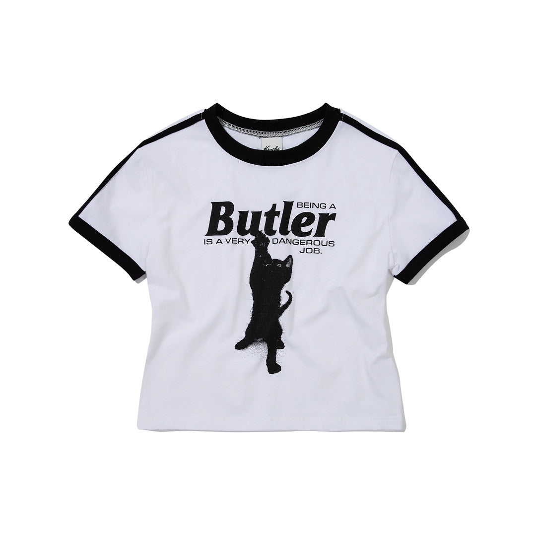 CAT BUTLER CROP T-SHIRT (WHITE) - KRUCHI 크루치 - CAVA LIFE