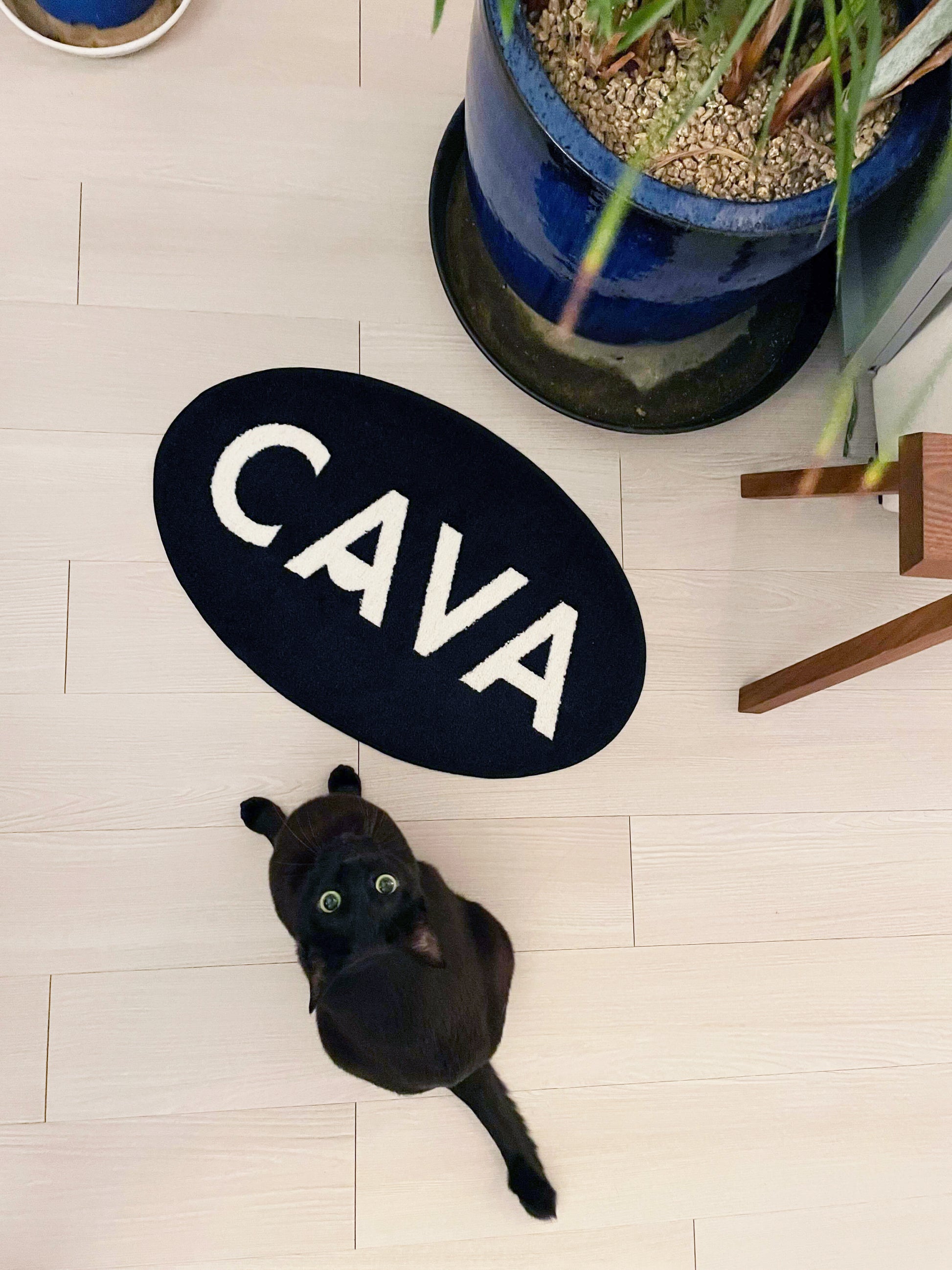 카바 라이프에서 판매 중인 하얀 카바 로고가 새겨진 검정색 타원형 도어매트가 바닥에 깔려 있고 그 옆에 앉아서 카메라를 올려다 보는 검은 고양이를  위에서 내려다 보며 촬영한 사진입니다. 