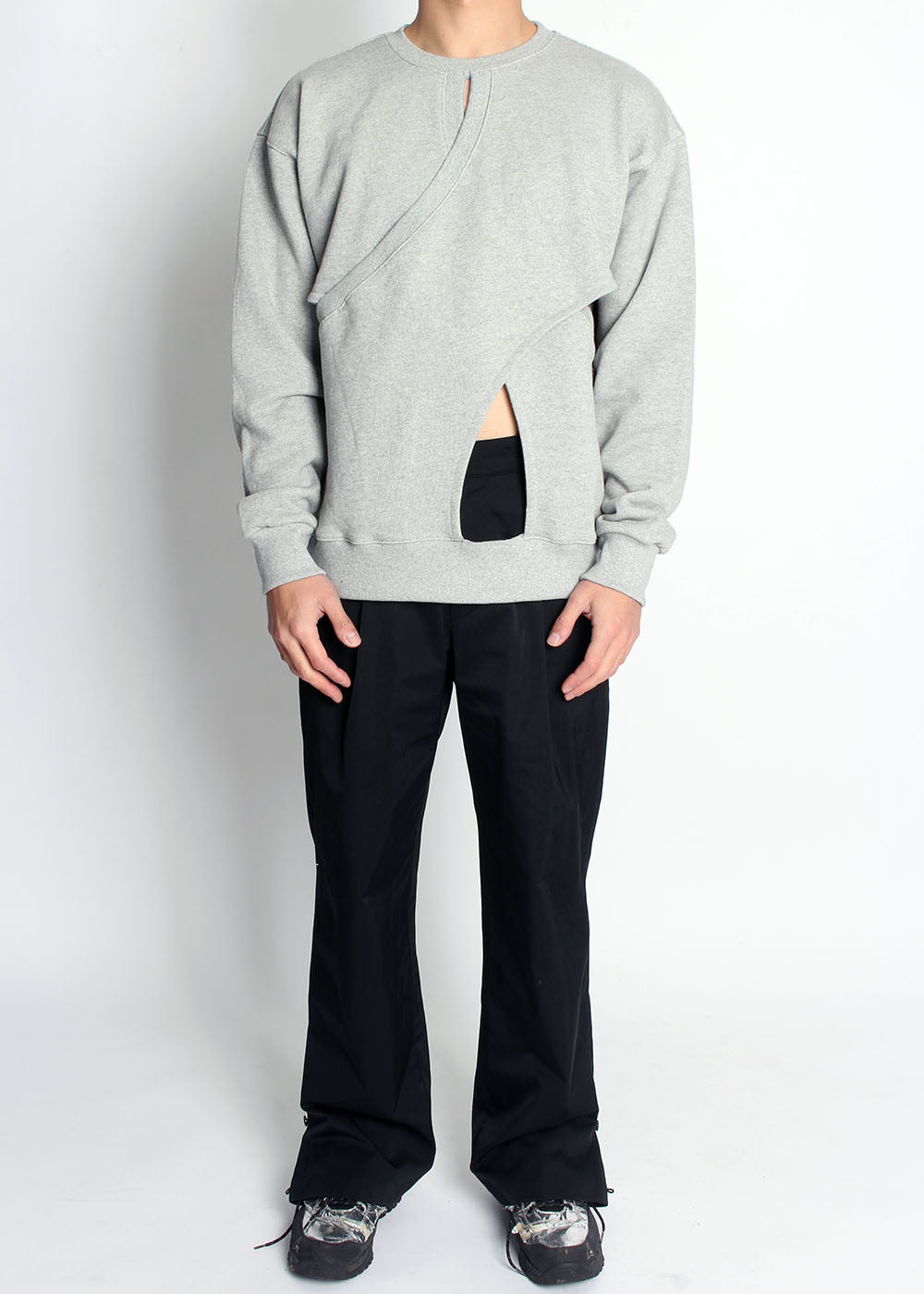 DOUBLE LAYERED SLIT SWEATSHIRT (GREY) - IRREGULAR STUDIO 이레귤러 - CAVA LIFE