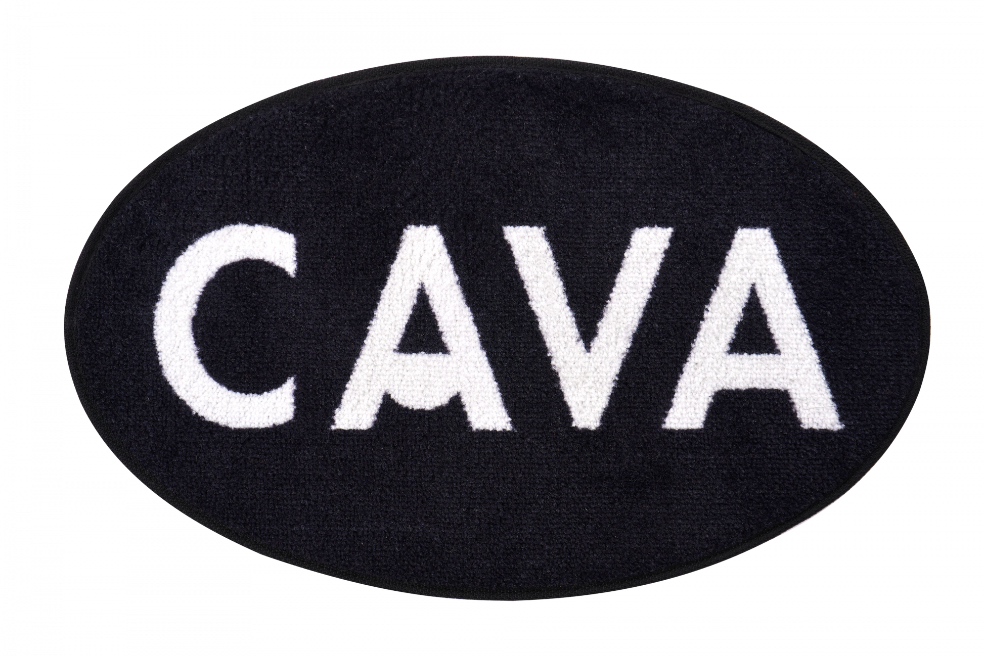 카바 라이프에서 판매 중인 하얀색 카바 로고가 새겨진 검정색 타원형 도어매트의 앞면을 촬영한 사진입니다. 