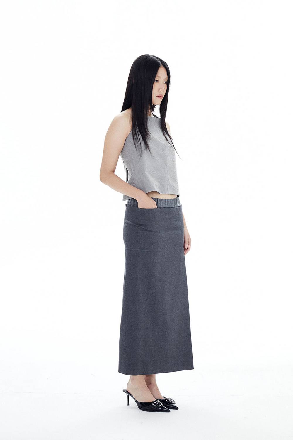 WOOL POCKETS LONG SKIRT / GRAY